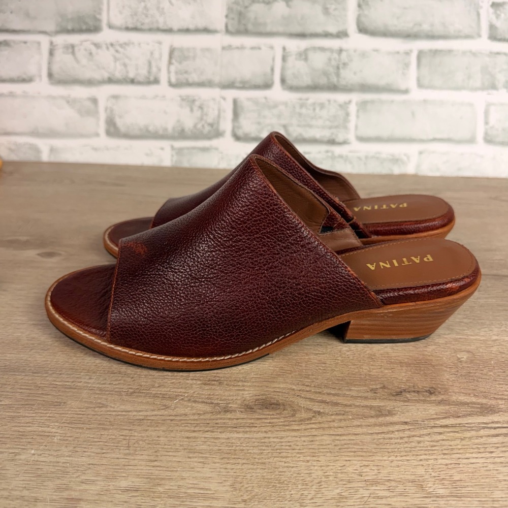 Patina Footwear Open Toe Mule Pebble Grain Leather Brown Womens 10